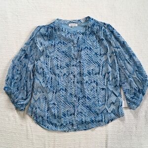 Calvin Klein Blue Snakeskin Print Button Front Blouse 3/4 Puff Sleeve Size L NWT